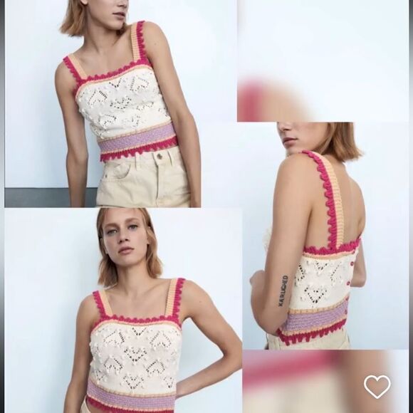 ZARA Crochet Knit Cotton Heart Croo Tank Top-S - Picture 1 of 9